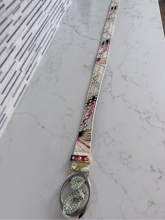 New High Quality white Crystal Butterfly Buckle Studded Floral Leather Belt XL
